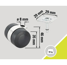 Möbelhjul med platta och tekniska mått, lastkapacitet 50 kilogram