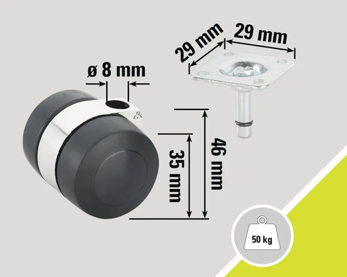 Möbelhjul med platta och tekniska mått, lastkapacitet 50 kilogram