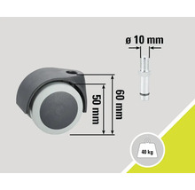 Stolhjul med måtten 50 millimeter gånger 60 millimeter, bult med en diameter på 10 millimeter och en lastkapacitet på upp till 40 kilogram