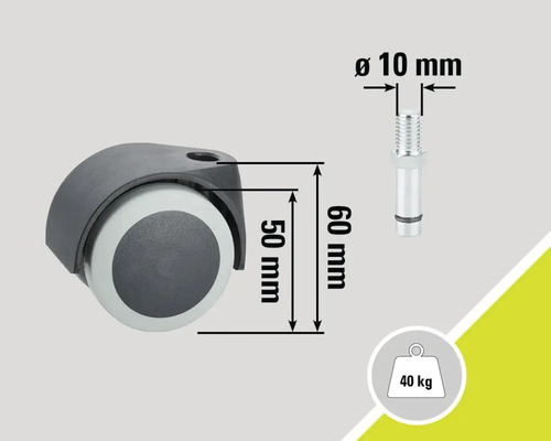Stolhjul med måtten 50 millimeter gånger 60 millimeter, bult med en diameter på 10 millimeter och en lastkapacitet på upp till 40 kilogram