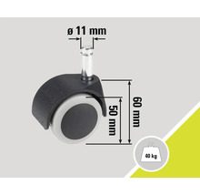 Stolhjul med en diameter på 11 mm, en hjulstorlek på 50 mm, en höjd på 60 mm och en maximal lastkapacitet på 40 kg