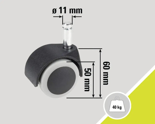 Stolhjul med en diameter på 11 mm, en hjulstorlek på 50 mm, en höjd på 60 mm och en maximal lastkapacitet på 40 kg