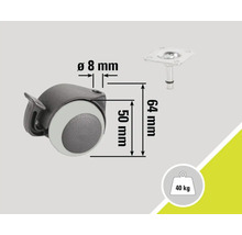 Möbelhjul med broms och information om dimensioner och lastkapacitet