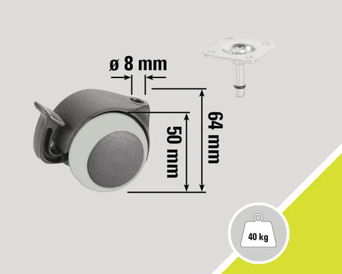 Möbelhjul med broms och information om dimensioner och lastkapacitet
