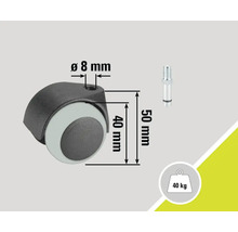 Möbelhjul med stift och en lastkapacitet på 40 kilogram, diameter åtta millimeter