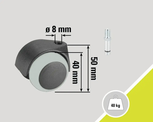 Möbelhjul med stift och en lastkapacitet på 40 kilogram, diameter åtta millimeter