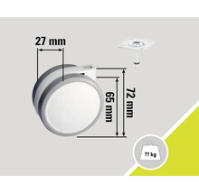 Hjul med måtten 27 mm bredd, 65 mm hjuldiameter och 72 mm totalhöjd