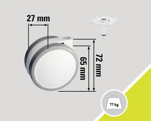 Hjul med måtten 27 mm bredd, 65 mm hjuldiameter och 72 mm totalhöjd