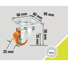 Hjul med platta och måtten 60 mm, 85 mm, 58 mm, 35 mm och 25 mm, maximal lastkapacitet 100 kg