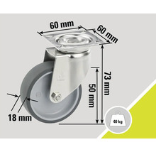 Svänghjul med måtten 60 mm, 18 mm och 73 mm och en lastkapacitet på 40 kg