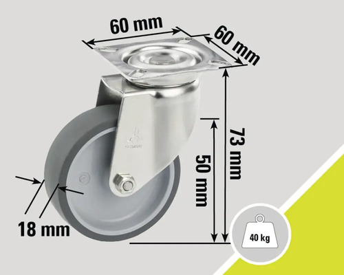 Svänghjul med måtten 60 mm, 18 mm och 73 mm och en lastkapacitet på 40 kg