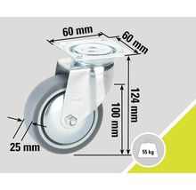 Svängbart hjul med en lastkapacitet på 55 kg och måtten 60 x 60 millimeter, 124 millimeter och 25 millimeter