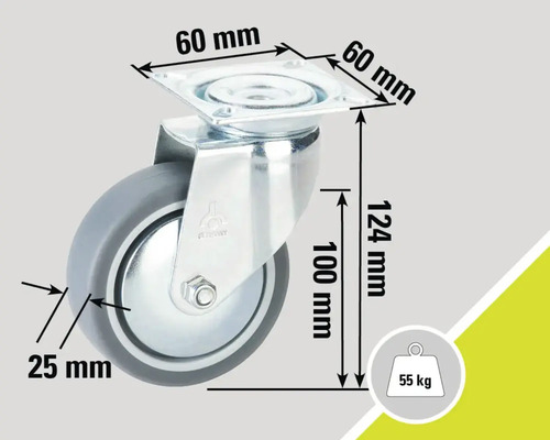 Svängbart hjul med en lastkapacitet på 55 kg och måtten 60 x 60 millimeter, 124 millimeter och 25 millimeter