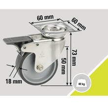 Svänghjul med broms och mått: 60 mm monteringsplatta, 18 mm hjultjocklek, 73 mm konstruktionshöjd, 40 kg lastkapacitet