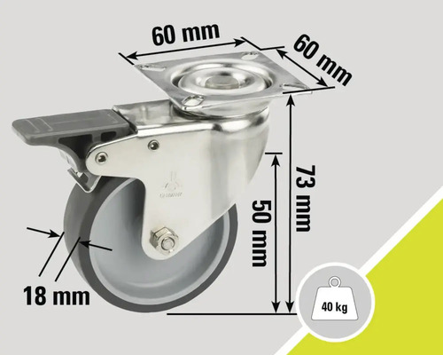 Svänghjul med broms och mått: 60 mm monteringsplatta, 18 mm hjultjocklek, 73 mm konstruktionshöjd, 40 kg lastkapacitet