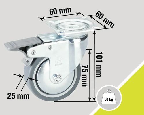 Möbelhjul med broms, mått 60 x 60 x 101 mm, lastkapacitet 50 kg