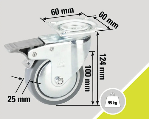 Svänghjul med broms och mått: 60 mm x 60 mm platta, 124 mm höjd, 100 mm hjuldiameter, 25 mm hjulbredd, lastkapacitet 55 kg