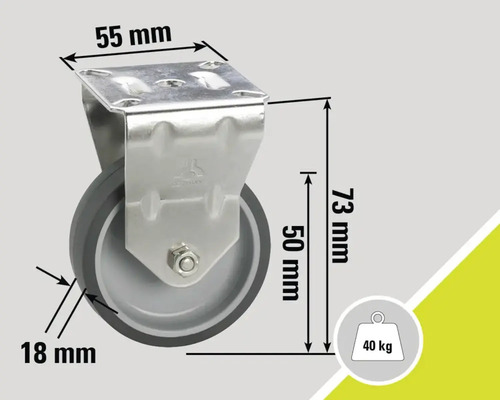 Svängbart hjul med måtten 55 mm, 73 mm och 18 mm samt en lastkapacitet på 40 kg
