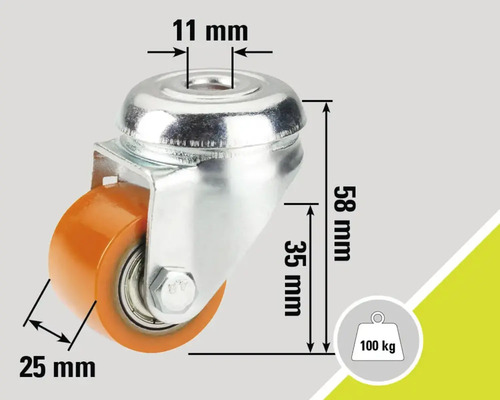 Svänghjul med måtten 58 mm höjd, 25 mm hjuldiameter och 11 mm håldiameter, lastkapacitet 100 kg