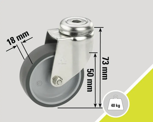 Svängbart hjul med måtten 73 mm höjd, 50 mm diameter och 18 mm hjulbredd för en maximal belastning på 40 kg