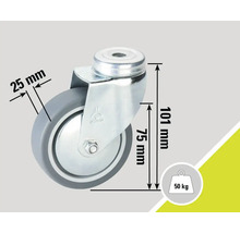 Svängbart hjul med en diameter på 75 millimeter och en lastkapacitet på 50 kilogram.