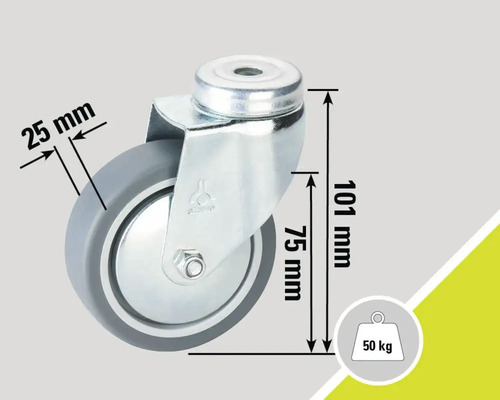 Svängbart hjul med en diameter på 75 millimeter och en lastkapacitet på 50 kilogram.