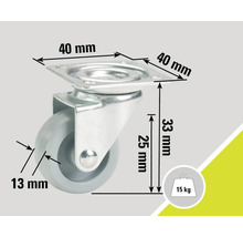 Svängbart hjul med 40 millimeter platta och 15 kilogram lastkapacitet
