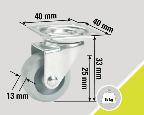 Svängbart hjul med 40 millimeter platta och 15 kilogram lastkapacitet