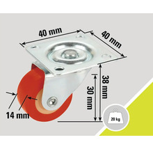 Svängbart hjul med en lastkapacitet på 20 kilogram och måtten 40 x 40 x 38 millimeter