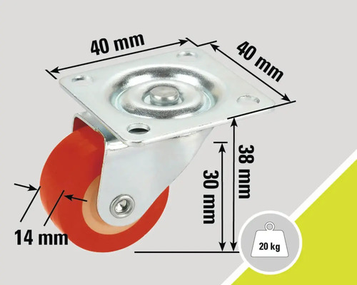 Svängbart hjul med en lastkapacitet på 20 kilogram och måtten 40 x 40 x 38 millimeter