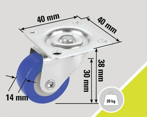 Svänghjul med en lastkapacitet på 20 kilogram och måtten 40 x 40 x 38 millimeter
