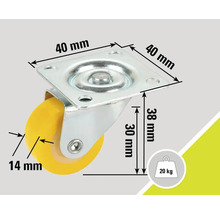 Svängbart hjul med måtten 40 x 40 millimeter, 38 millimeter bygghöjd, 14 millimeter hjultjocklek och 20 kilogram lastkapacitet