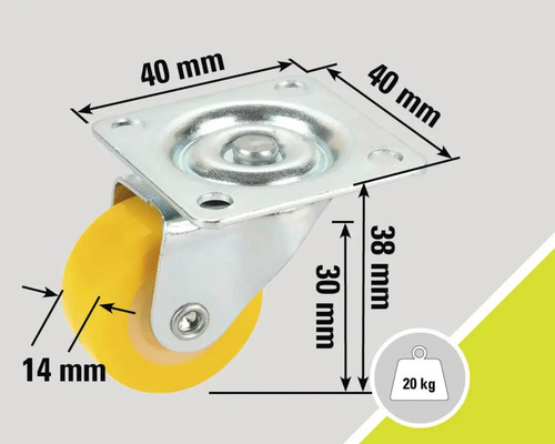 Svängbart hjul med måtten 40 x 40 millimeter, 38 millimeter bygghöjd, 14 millimeter hjultjocklek och 20 kilogram lastkapacitet