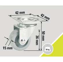 Svängbart hjul med måtten 42 mm x 42 mm monteringsplatta och 50 mm höjd, lastkapacitet 35 kg