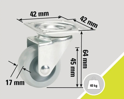 Möbelhjul med en lastkapacitet på 40 kilogram och måtten 42 x 42 x 64 millimeter