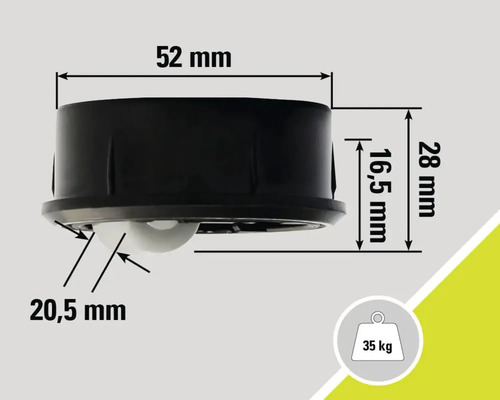 Teknisk ritning svänghjul med måtten 52 mm, 28 mm, 16,5 mm och 20,5 mm samt en lastkapacitet på 35 kg