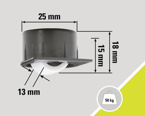 Möbelhjul med en lastkapacitet på 50 kilogram och måtten 25 mm x 18 mm x 15 mm x 13 mm