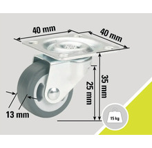 Svängbart hjul med måtten 40 x 40 mm, 35 mm högt och en lastkapacitet på 15 kg