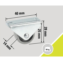 Hjul med platta och måtten 40 mm, 28 mm och 14 mm. Lastkapacitet upp till 40 kg.