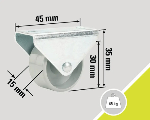 Svängbart hjul med en lastkapacitet på 45 kilogram och måtten 45 mm, 35 mm, 30 mm och 15 mm.