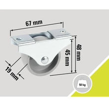 Hjul med en lastkapacitet på 50 kilogram och storleksinformation