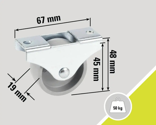 Hjul med en lastkapacitet på 50 kilogram och storleksinformation