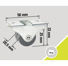 Möbelhjul med en lastkapacitet på 50 kilogram och måttangivelser