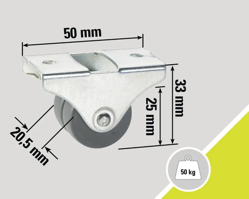Möbelhjul med en lastkapacitet på 50 kilogram och måttangivelser