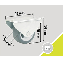 Svänghjul med måtten 46 mm, 34 mm och 14 mm samt en lastkapacitet på 35 kg