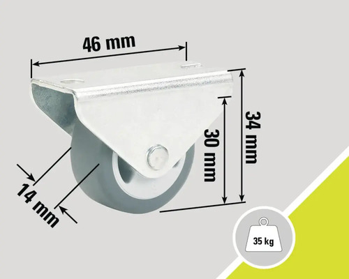 Svänghjul med måtten 46 mm, 34 mm och 14 mm samt en lastkapacitet på 35 kg