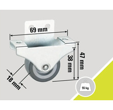 Möbelhjul med hölje och måtten 69 mm, 47 mm och 18 mm, lastkapacitet 55 kg