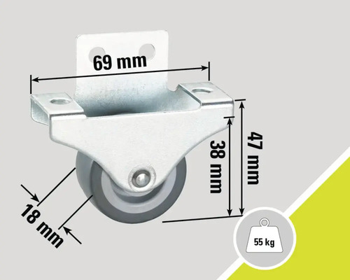 Möbelhjul med hölje och måtten 69 mm, 47 mm och 18 mm, lastkapacitet 55 kg