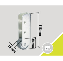 Möbelhjul med måtten 118 mm höjd, 38 mm djup och 18 mm hjuldiameter, lastkapacitet 45 kg