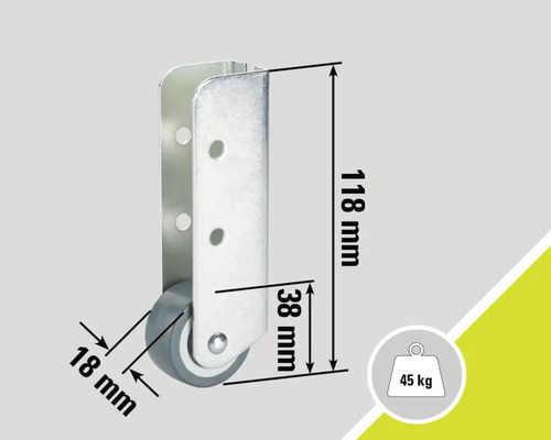 Möbelhjul med måtten 118 mm höjd, 38 mm djup och 18 mm hjuldiameter, lastkapacitet 45 kg